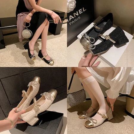 Genuine Leather Rhinestone Buckle with Thick Heels, Mary Jane Shoes, New Wedding Shoes 2024, Women's Head and Middle Heel Shoes