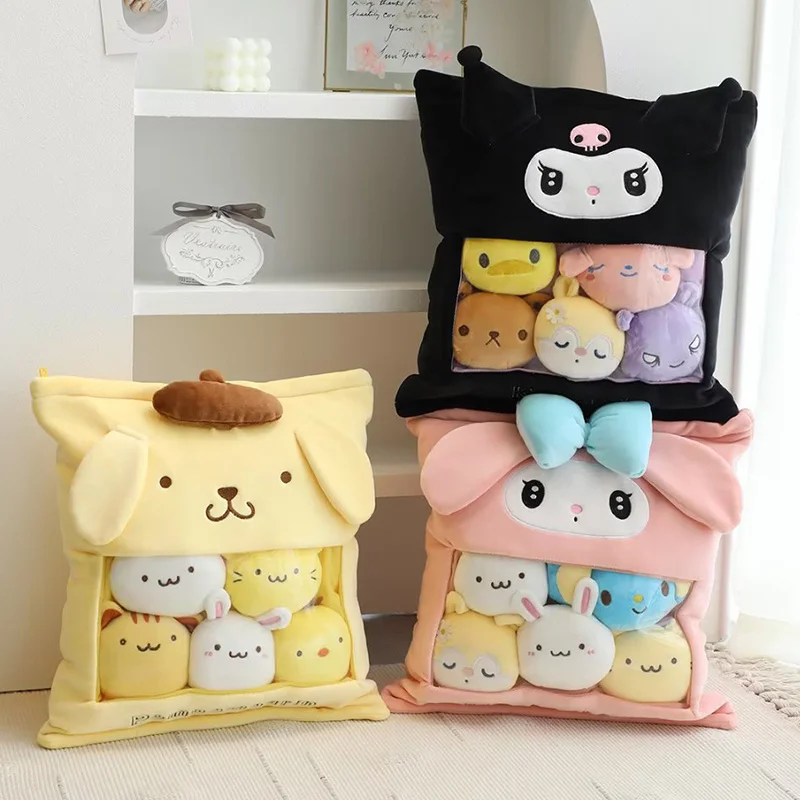 

Фигурки Kuromi Melody Pom Purin, плюшевая сумка с 5 искусственными подушками для пудинга, игрушка, мягкая кавайная плюшевая подушка для подарка