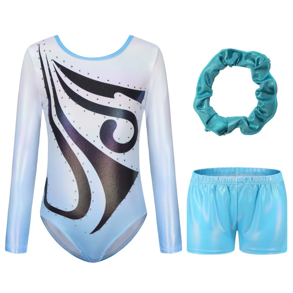 Girls Leotards Long Sleeve Ballet Gymnastics Dance Dress Gymnastics Practice Stage Suits With Shorts And Headband 5 To 12Y