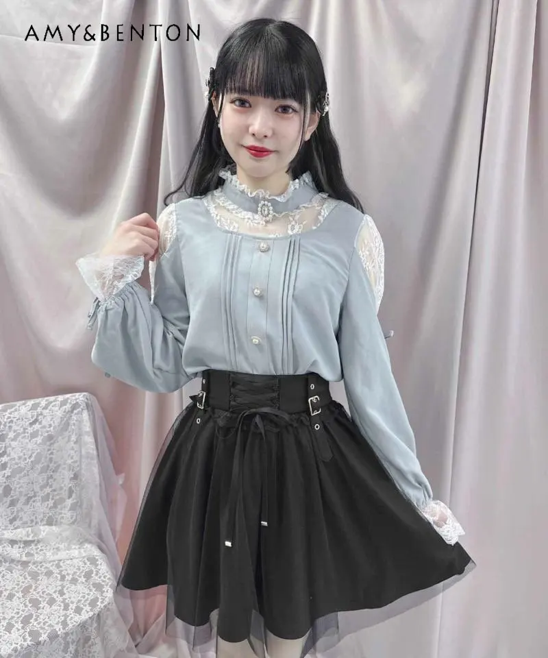 Japanese Rojita Gauze Stitching Skirt for Women Mine Series High Waist Sweet Lolita Skirt Lady Cool Bow Short Skirt