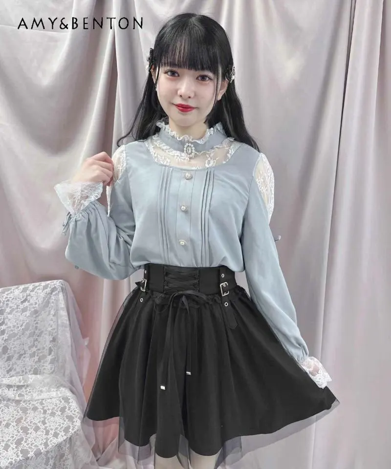 

Japanese Rojita Gauze Stitching Skirt for Women Mine Series High Waist Sweet Lolita Skirt Lady Cool Bow Short Skirt