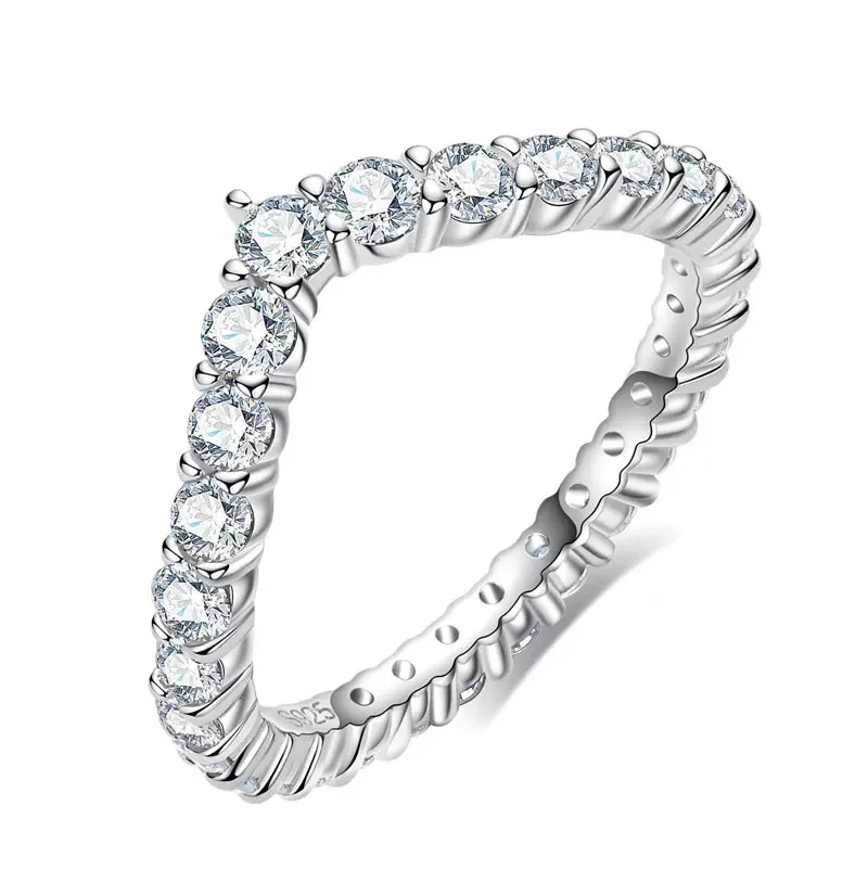 Moissanite Wedding Band For Women V Shaped Full Pave D Color Brilliant Round Eternity Ring Genuine 925 Sterling Silver