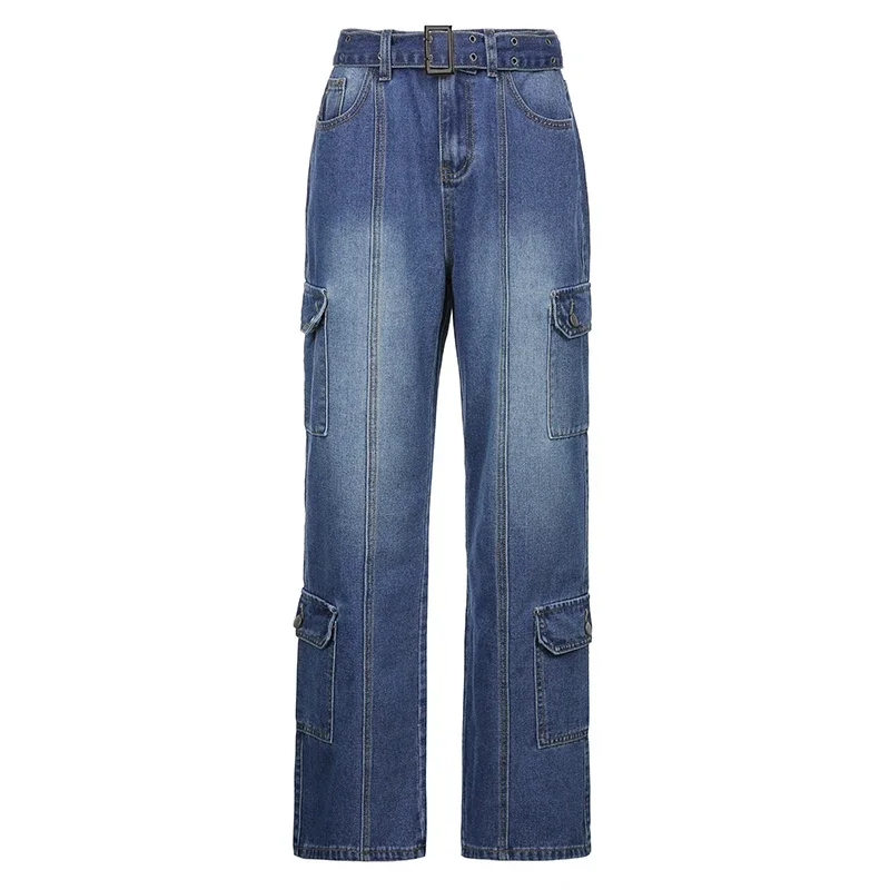 2024 Autumn Streetwear Baggy Jeans Sashes Women Plus Size Pockets Wide Leg Cargo Pants Y2K 90s Low Waist Straight Denim Trousers