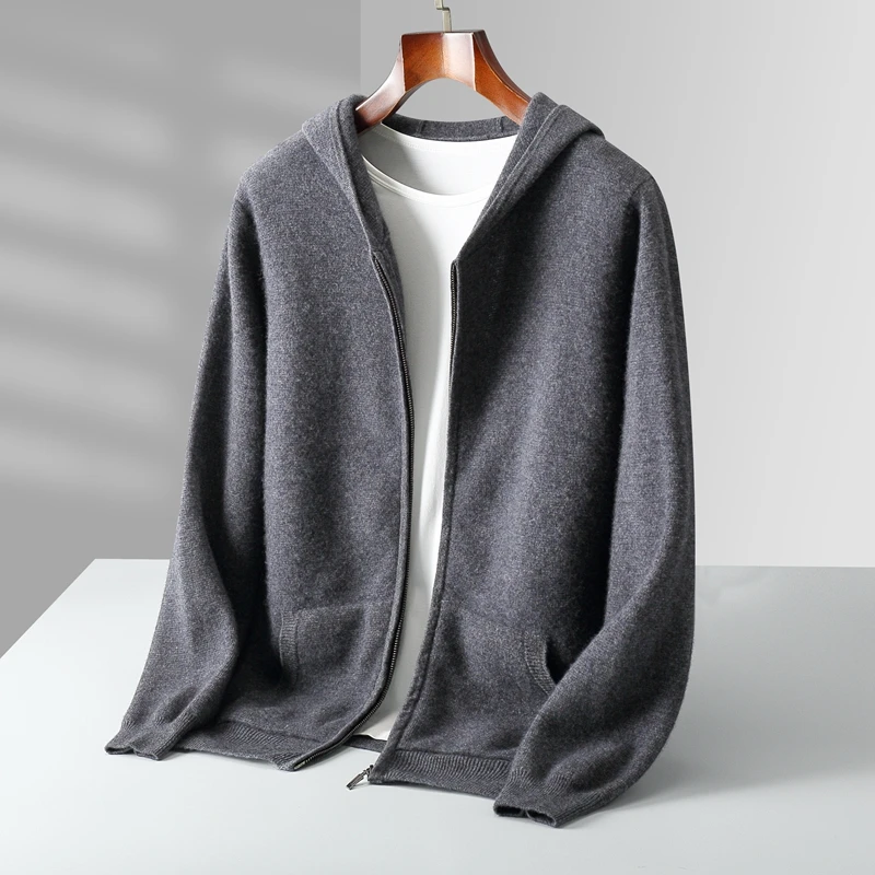 Autumn/Winter Men's 100% Merino Wool Open Cardigan Heavyweight Zipper Knitted Sweater Men's Woolen Coat Men's 5