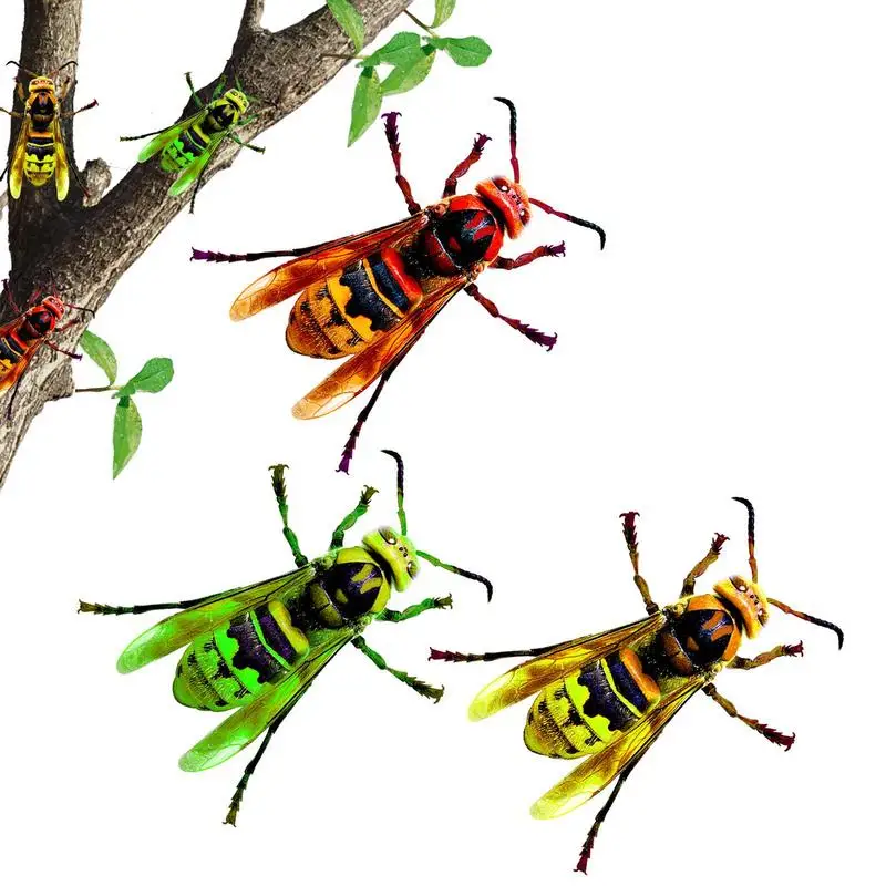 

Wasp Wall Tree Hangings Sculptures Metal Colorful Wasp 3D Outdoor Sculpture 3pcs Realistic Metal Art Craft For Outdoor Sculpture