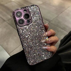 Luxury Plating Frame Bling Glitter Sequins Phone Case with Soft Silicone Bumper and Sparkle Cover - iPhone 14 Pro Max (Purple)