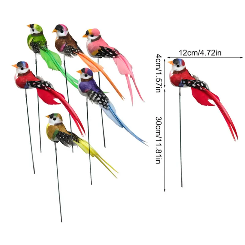 6Pcs Artificial Foam Birds Stakes Outdoor Yard & Garden Decor Colorful 3d Fake Simulated Bird Decoration for Home Flower Pot Bed