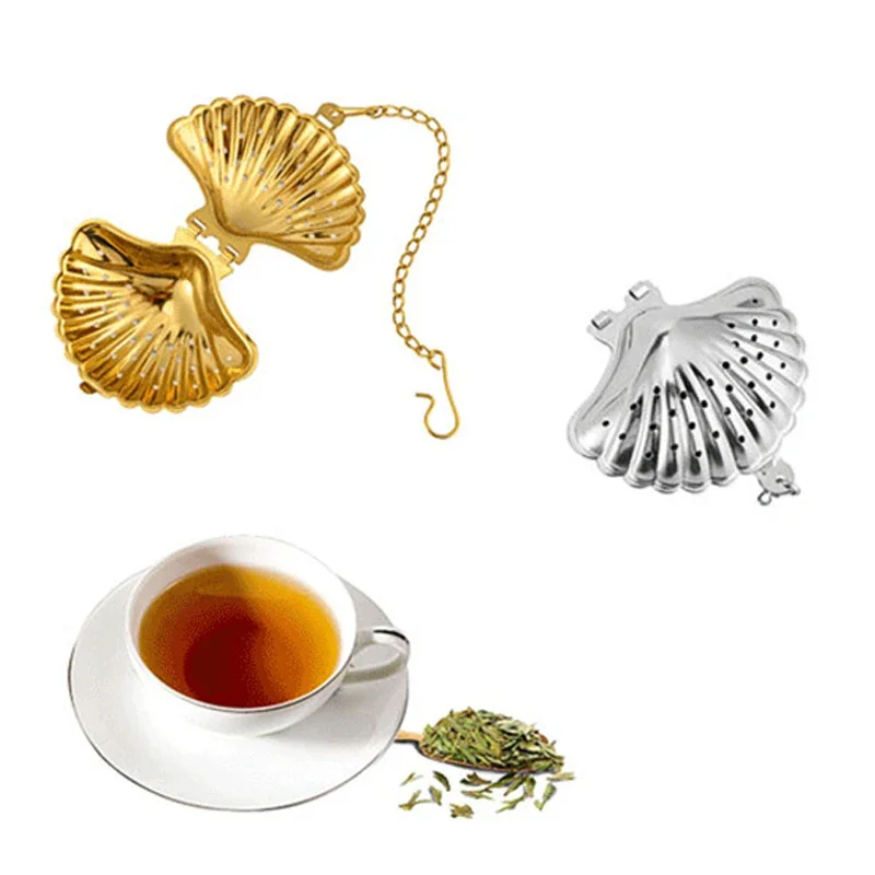 Tea Infuser Tea Strainer Tea Filter 1Pc Shell Shape Metal Tea Strainer Loose Tea Infuser Stainless Steel Leaf Maker Strainer Chain Drip Tray Herbal Spice Filter