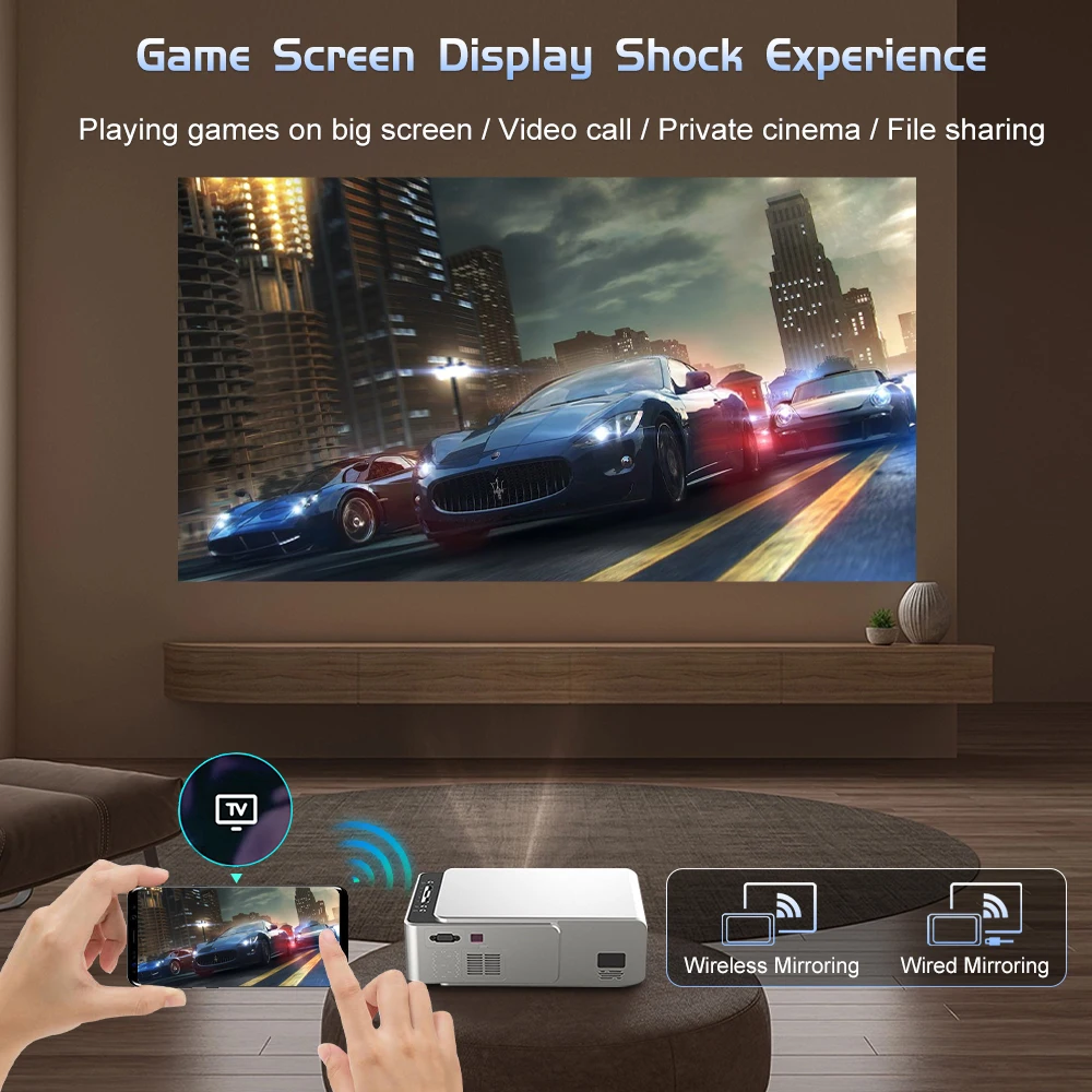 Buyzco T6 Portable HD LED Video Projector WiFi 5000lumens Video Beamer Support 1080P Home Theater Cinema