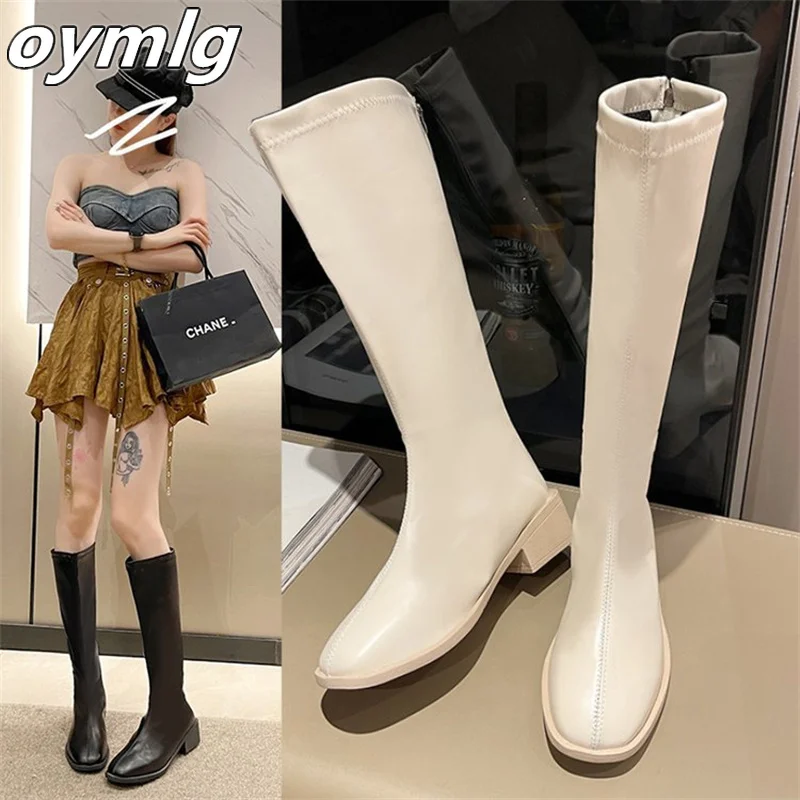 High tube V-neck knight boots long tube boots for women in 2023 new autumn single boot white thick heeled square toe boots