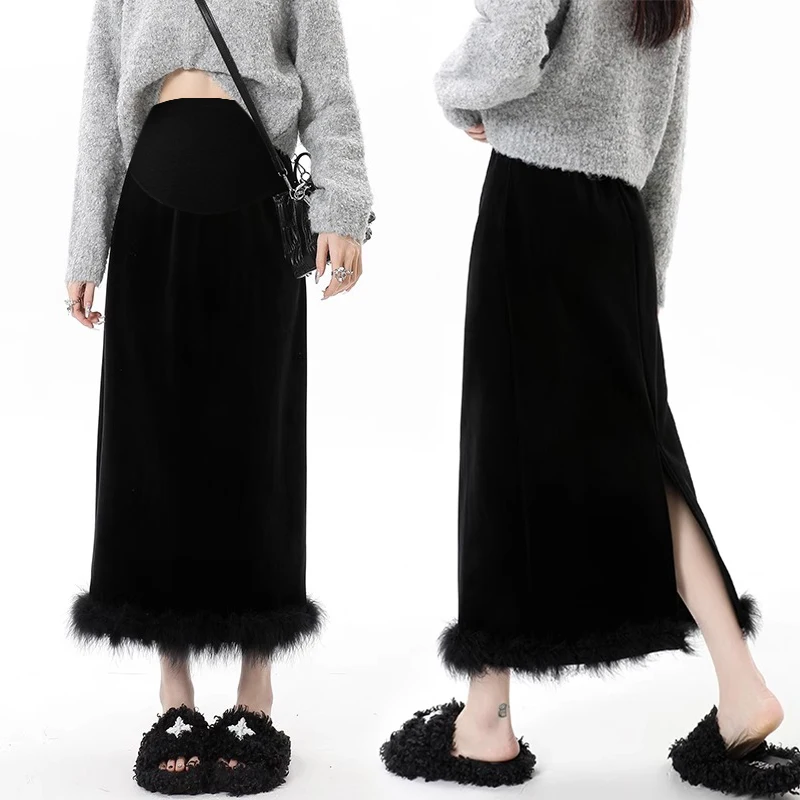 Autumn Winter Maternity Black Skirts Back Split Fur Hem Patchwork Pregnant Woman Straight Skirt Length 90cm