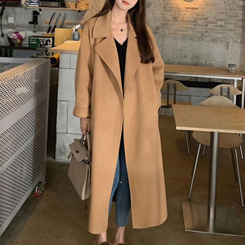 2023 Autumn Winter Women Trendy Lace Up Vintage Simple Woolen Coat Female Korean Oversize Chic Jacket Solid Long Sleeve Overcoat