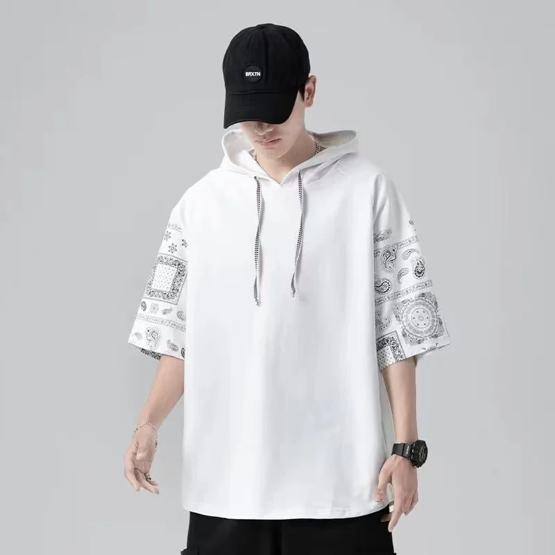 

2024 Summer New Men's Hooded Short sleeved Shirt Large Loose Casual T-shirt Korean Versatile Youth Fashion Hoodie Large