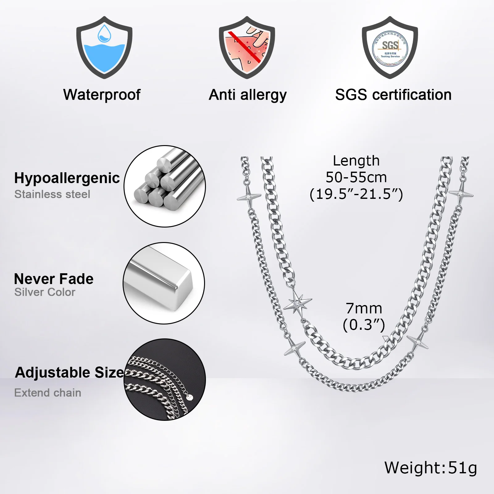 Mprainbow 2pcs/set Cuban Chain Neckalces for Men Women,7mm/4.45mm Chains Splicing Four Pointed Star Collar,Stylish Jewelry Gift