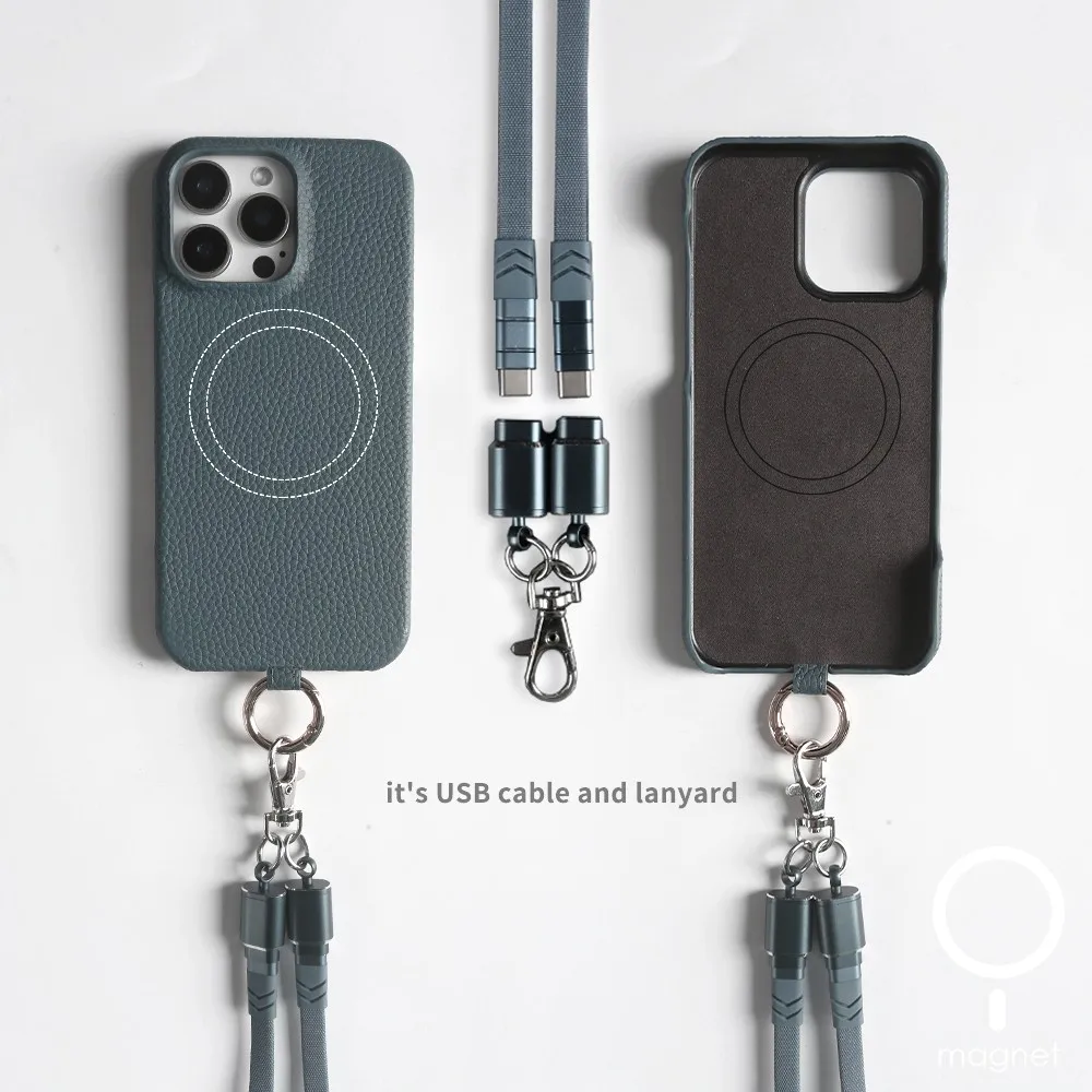 Premium Genuine Leather Magnetic Phone Case with Versatile Lanyard and USB Charging Cable