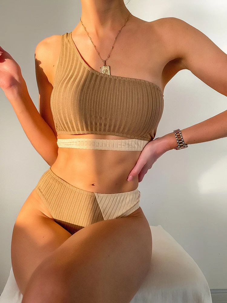 bikini set for beach 2022 Sexy High Waist Women's Swimsuit Ribbed Cross Wrap Patchwork Swimwear Fashion Halter Push Up Beachwear Biquini Bathing Suit two piece bikini set