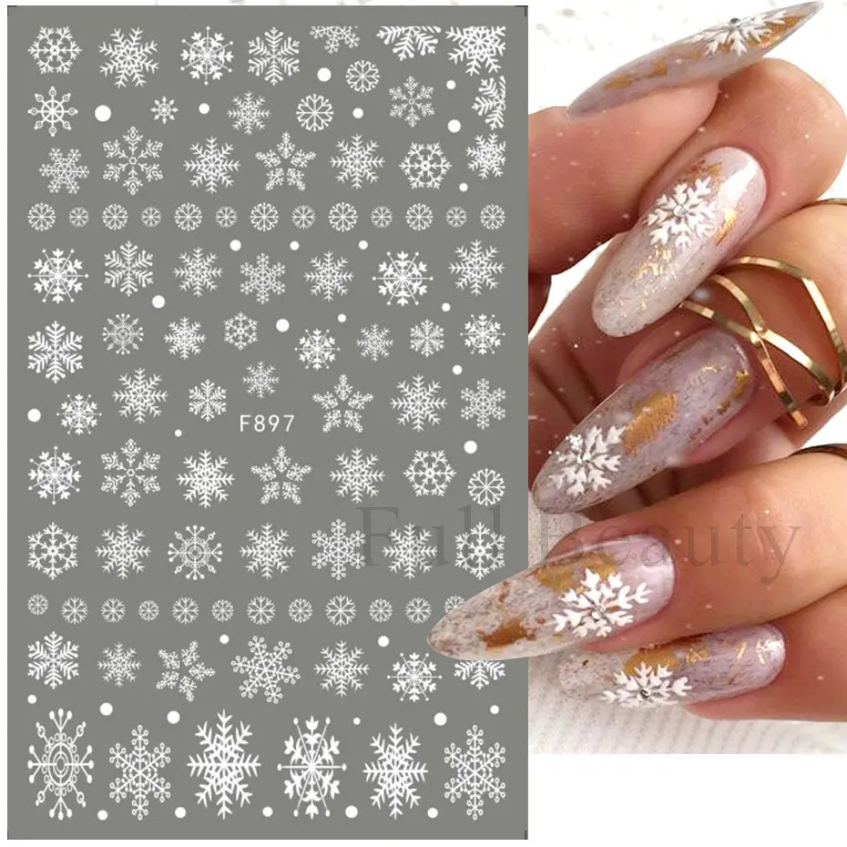 Nail Stickers Nail Art Decoration Nail Decals 3D Snowflake Nail Art Decals White Christmas Designs Self Adhesive Stickers New Year Winter Gel Foils Sliders Decorations LAF895