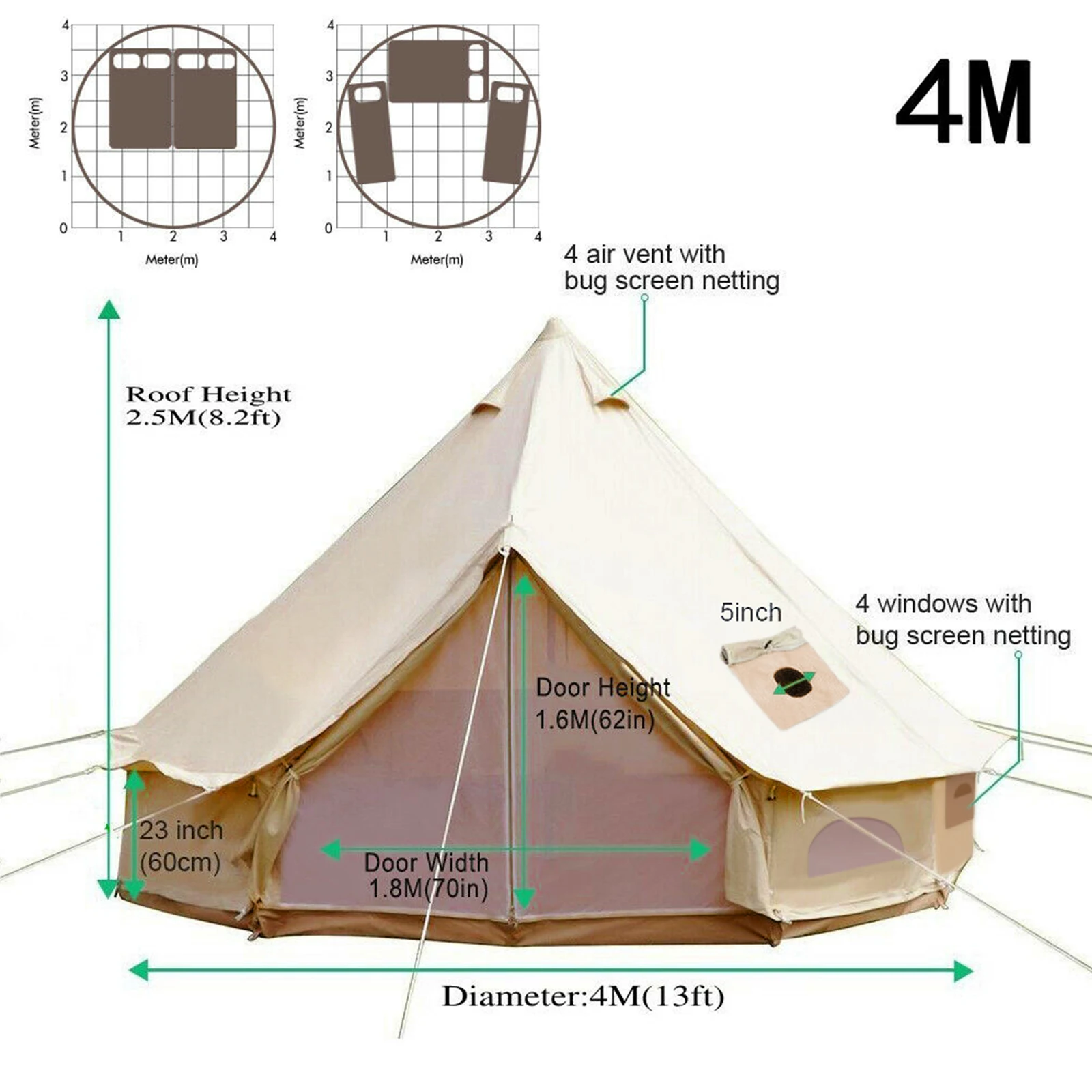 Premium Canvas Bell Tent with Stove Hole / 3m / 4m / 5m / 6m / 7m / 4-12 Persons / Spacious / Durable Glamping & Camping Tents 7