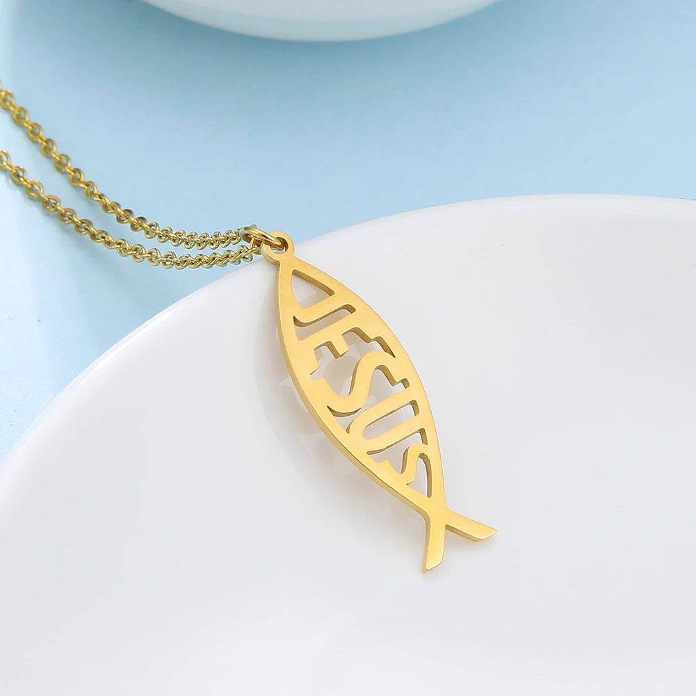 Dawapara Ichthys Jesus Fisch Kreuz Halskette Fülle und Glauben Schutz Amulett Edelstahl christlichen Gebets schmuck – Detail 11