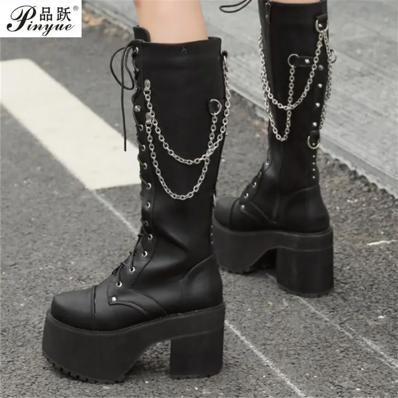 

High Quality 10cm Women Knee High Boots Street Style Fashion Popular Chunky Heels Lace Up Motorcycle Boots Chain fashion boots