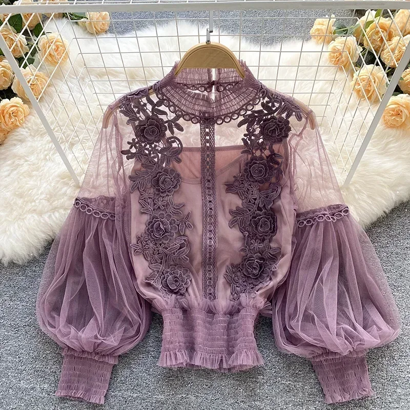 

Women's Lace Hollowed Out Top Stand Collar Puff Sleeve Loose Sexy Short Shirt Slim Sweet Korea Chic Blouse Summer 2024