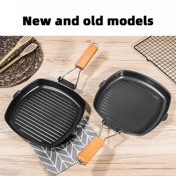 Padella portatile pieghevole Padella da picnic Manico in legno antiscottatura Padella da esterno Padella per bistecche a doppia bocca (senza coperchio) 1