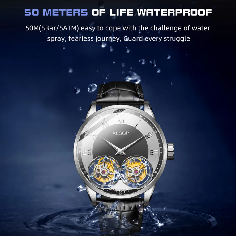 Aesop Men's Double Tourbillon Watch Hand Winding Movement Sapphire Business Fashion Male Mechanical Wristwatches Waterproof