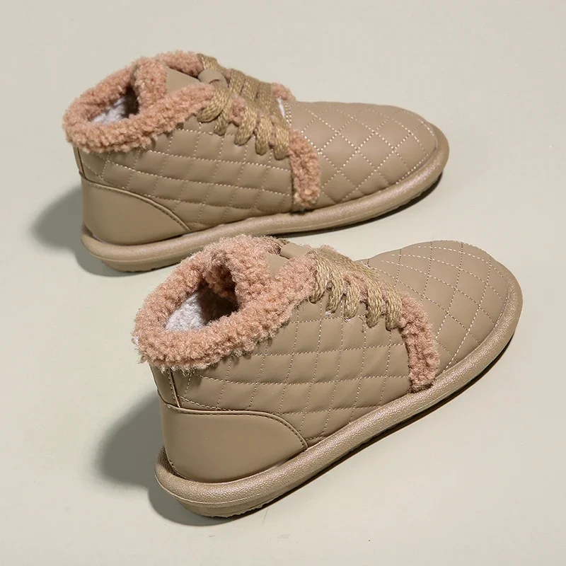 

Женские ботильоны на плоской подошве, с круглым носком, на шнуровке, теплые короткие плюшевые ботинки для снега, Повседневная хлопковая обувь, для зимы