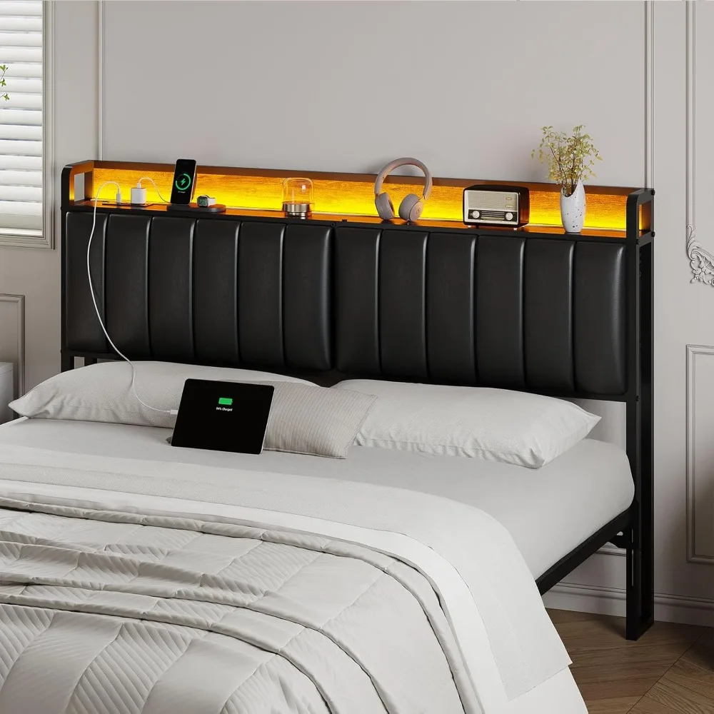 LED Cal King Size Upholstered Headboard with Charging Station, Cal King Storage Headboard Height Adjustable, Black PU Upholstery