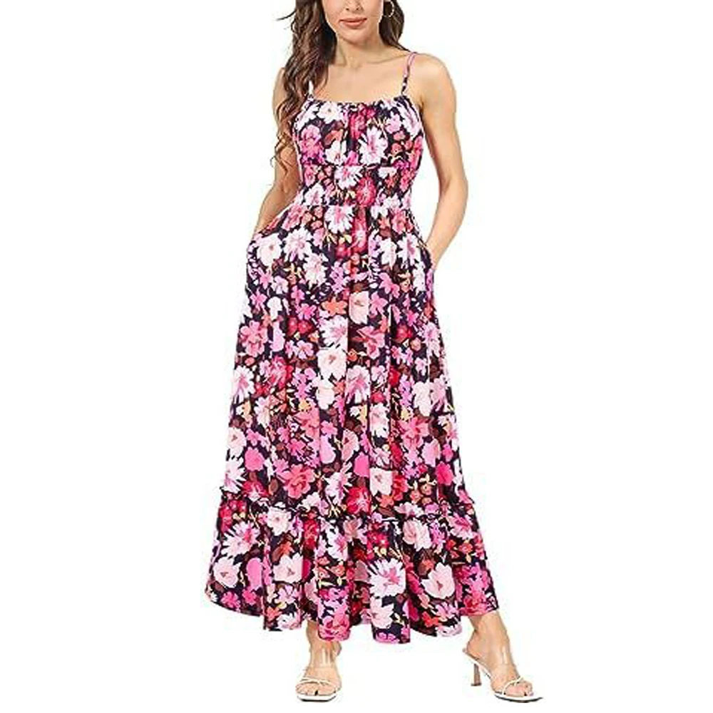 thumbnail image 1 of Vestido largo de verano con estampado floral, tirantes finos, corpiño fruncido, cintura fruncida, elegante vestido bohemio de playa para mujer, 1 of 5