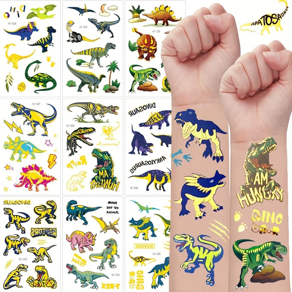 

10 Sheets Dinos Tattoos Stickers Flash Metallic Golden Dinosaur For Glitter Tattoos Fake Tattoo Stickers Birthday Party Supplies