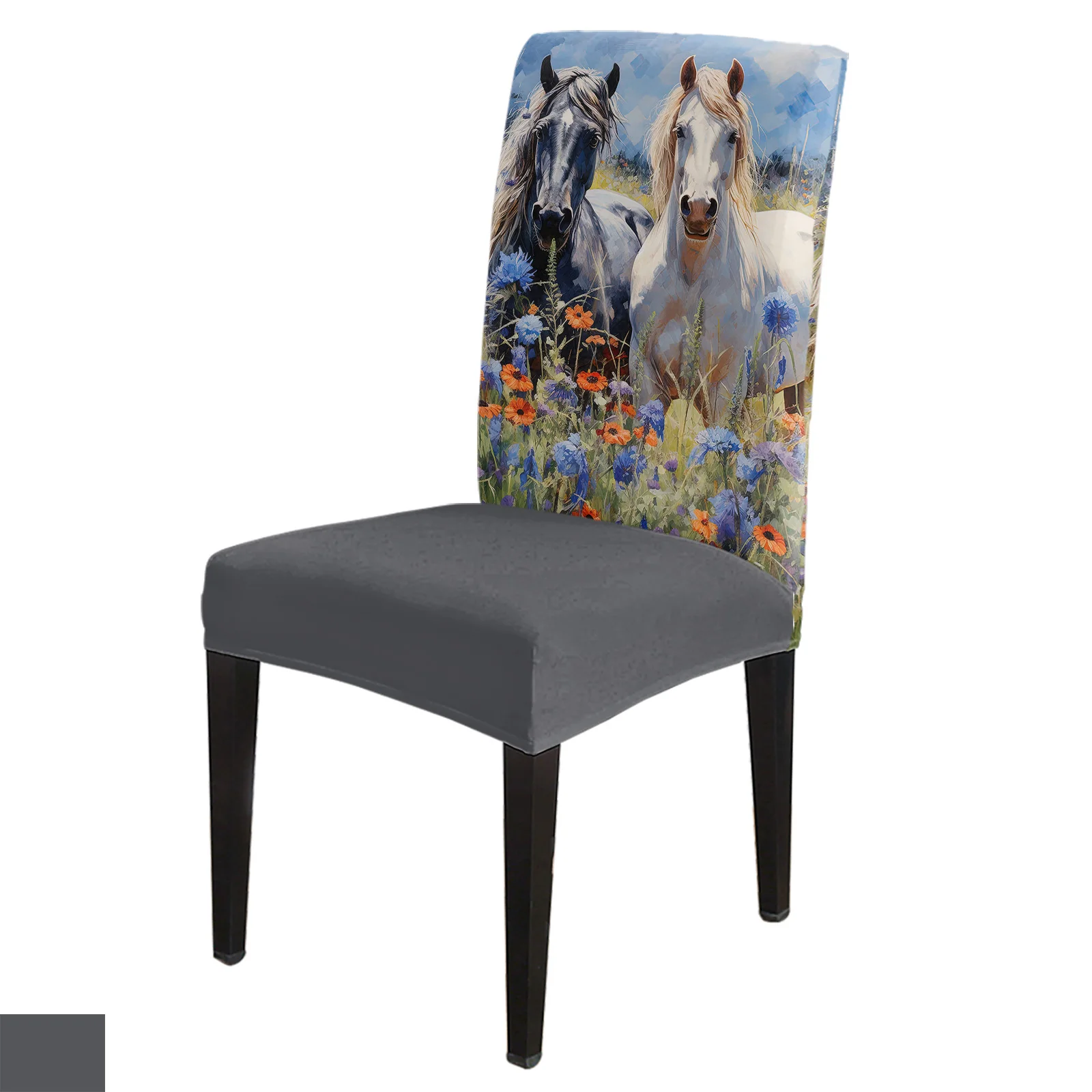 

Horse Watercolor Flower Chair Cover Set Kitchen Stretch Spandex Seat Slipcover Home Decor Dining Room Seat Cover