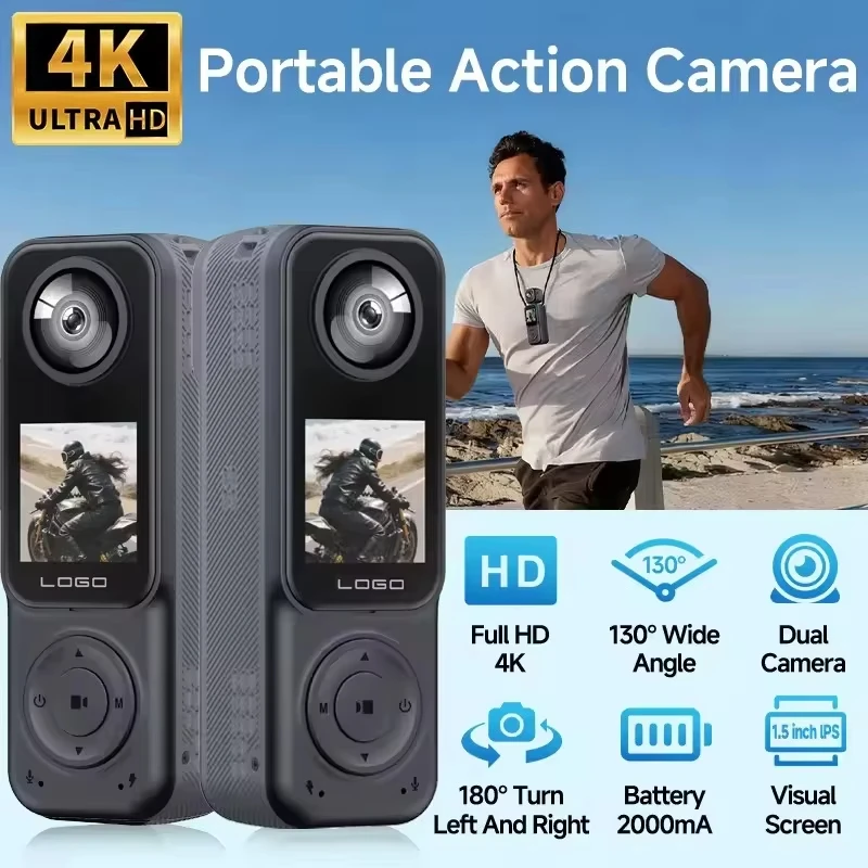 Vue rapprochée des deux objectifs de la caméra d'action sport 4K, parfaite pour des angles de vue variés.