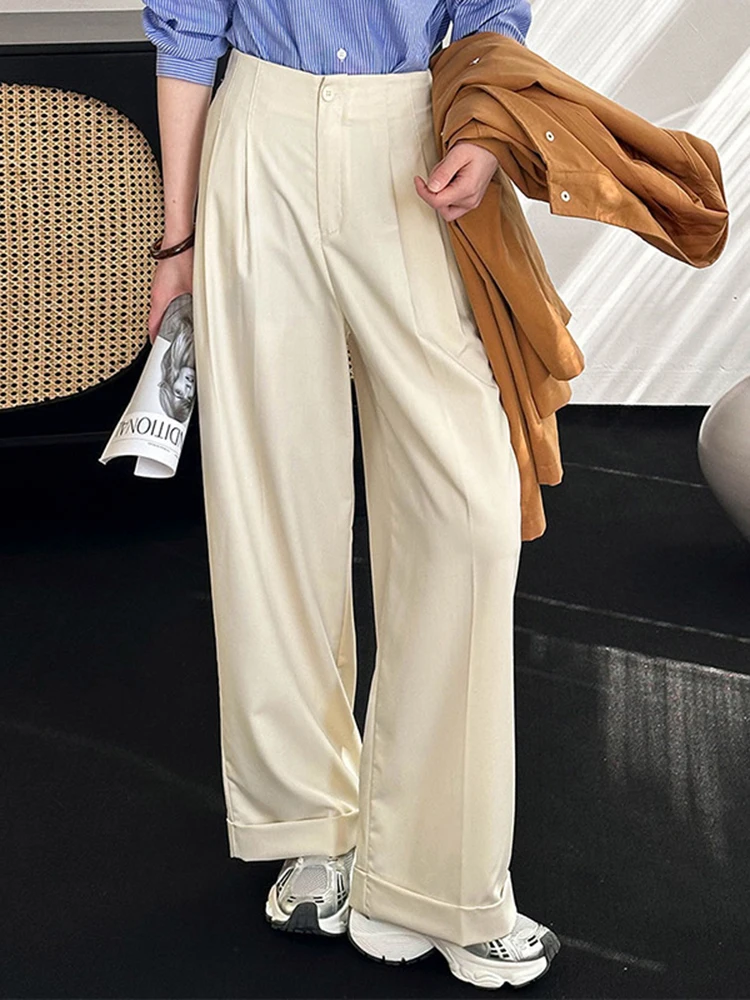 [LANMREM] Pleated High Waist Suits Pants For Women Straight Wide Leg Trousers Office Lady Clothing 2024 Autumn New 26D8955