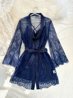 Sexy Elegant Pure Color Mesh Nightgown Set Transparent Lace Robe Sleepwear Casual Comfortable Women's pajamas - Image 5