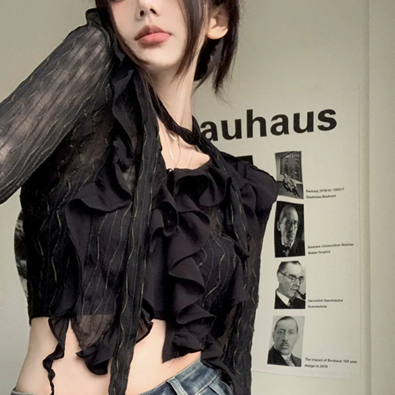 Camisa Y2K de los años 2000 para mujer, color liso, transparente, cuello en V, acampanado, manga larga, blusa con volantes, top corto, ropa de calle coqueta