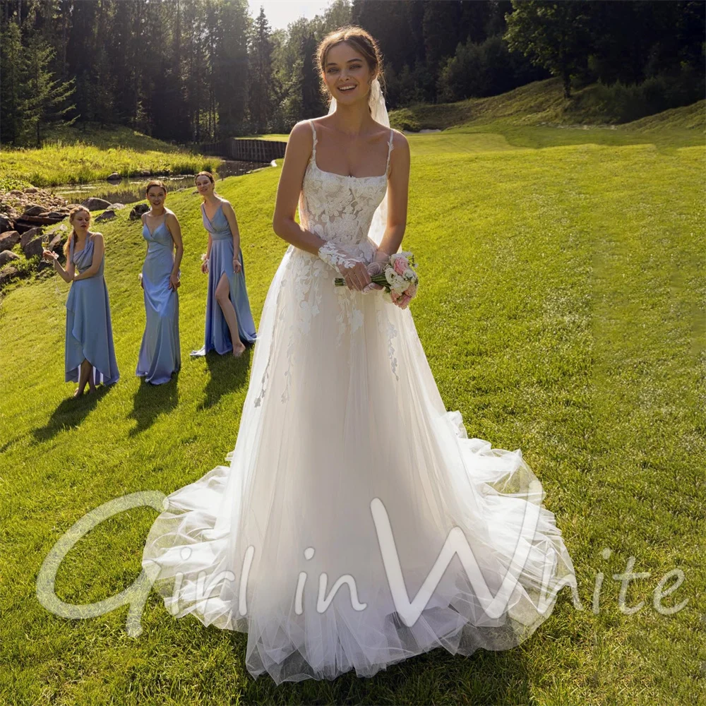 

Elegant A Line Lace Appliques Wedding Dresses Spaghetti Straps Tulle Beach Bridal Gowns Backless vestidos novias boda Custom