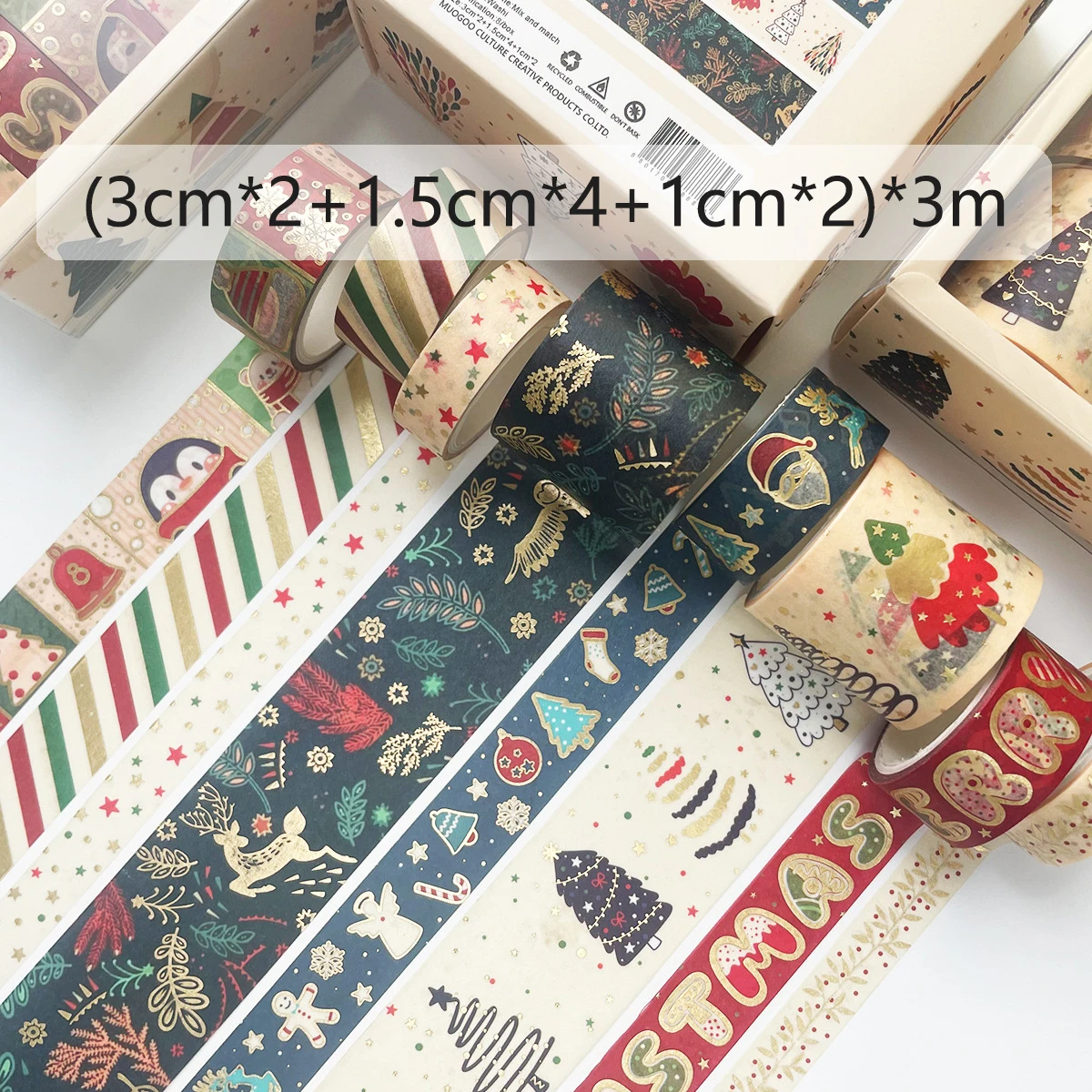 1PC Christmas Washi Tapes Snowflake Reindeer Stripes Kawaii