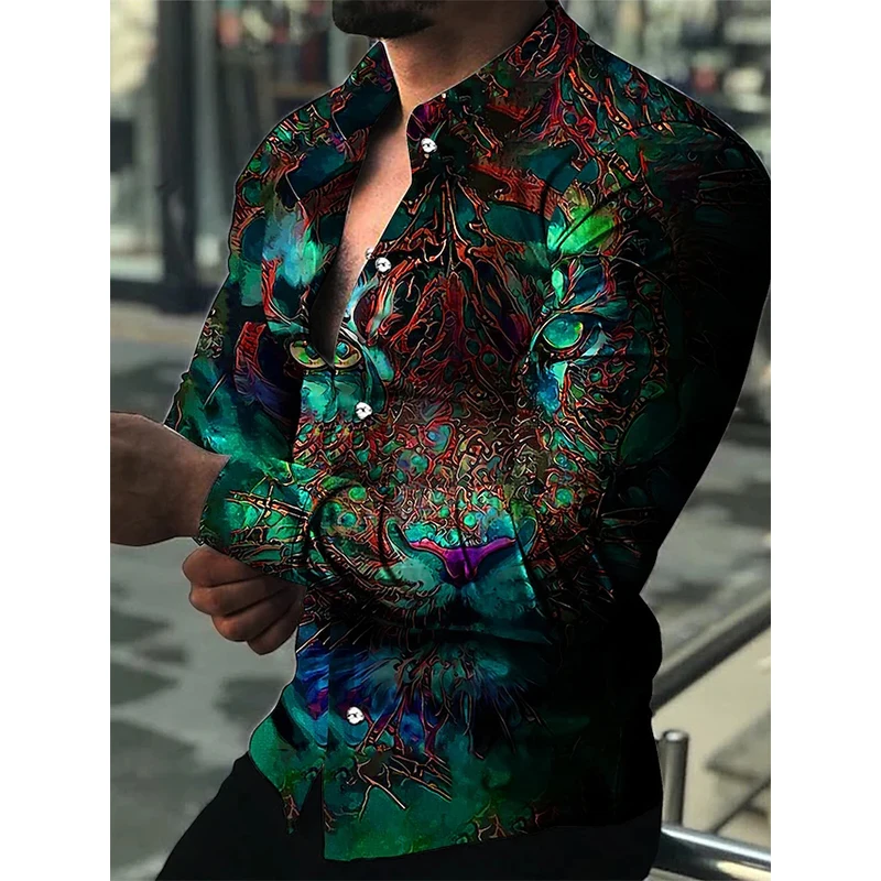 

Fashion Social Men Shirts Casual Turn-down Collar Buttoned Shirt Lion Print Long Sleeve Tops Men's Clothing Club Prom Cardigan