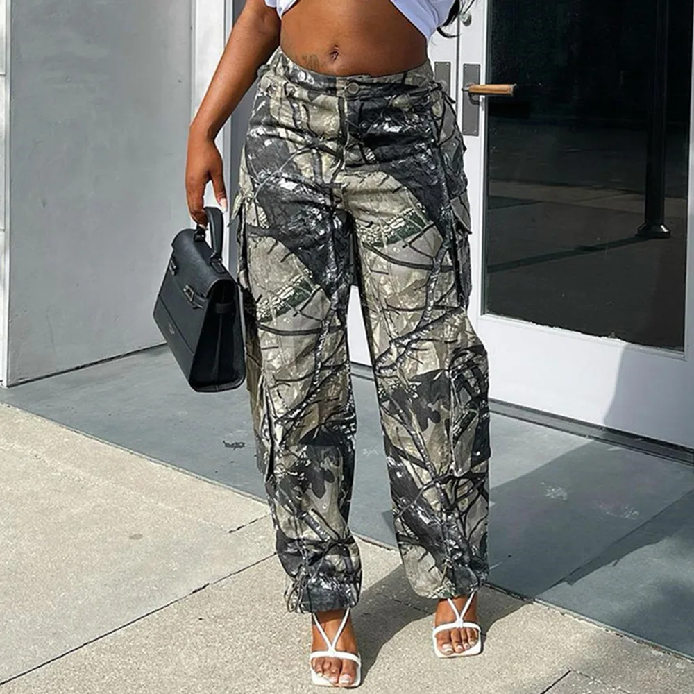 

Vintage Tie-Dye Camouflage Cargo Pants Women Multi-Pocket Trousers Loose Wide Leg Y2K Low Waist Combat Cargos Straight Overalls