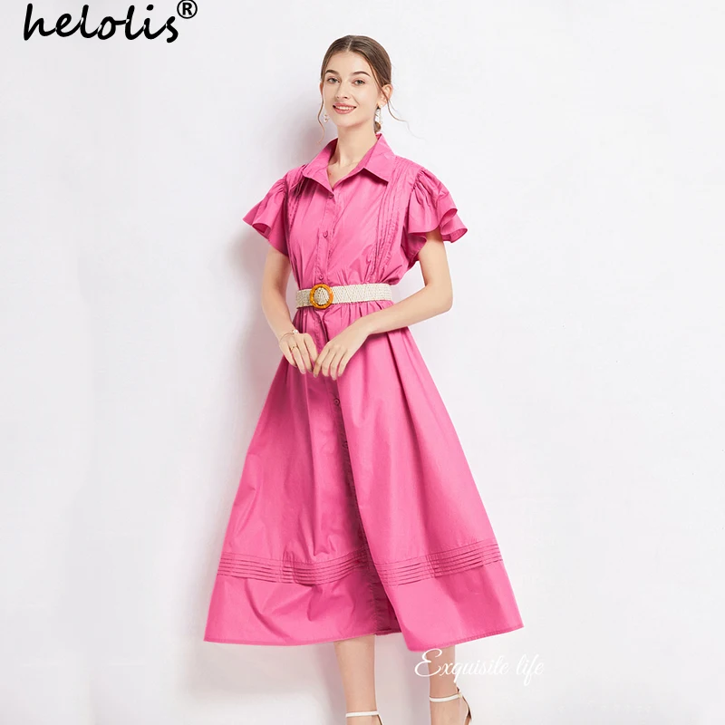 

Helolis Elegant Lapel Flying Sleeve Shirt Dress Women High Waist Single Breasted Lace Up Midi Dresses 2023 New Summer Clothes