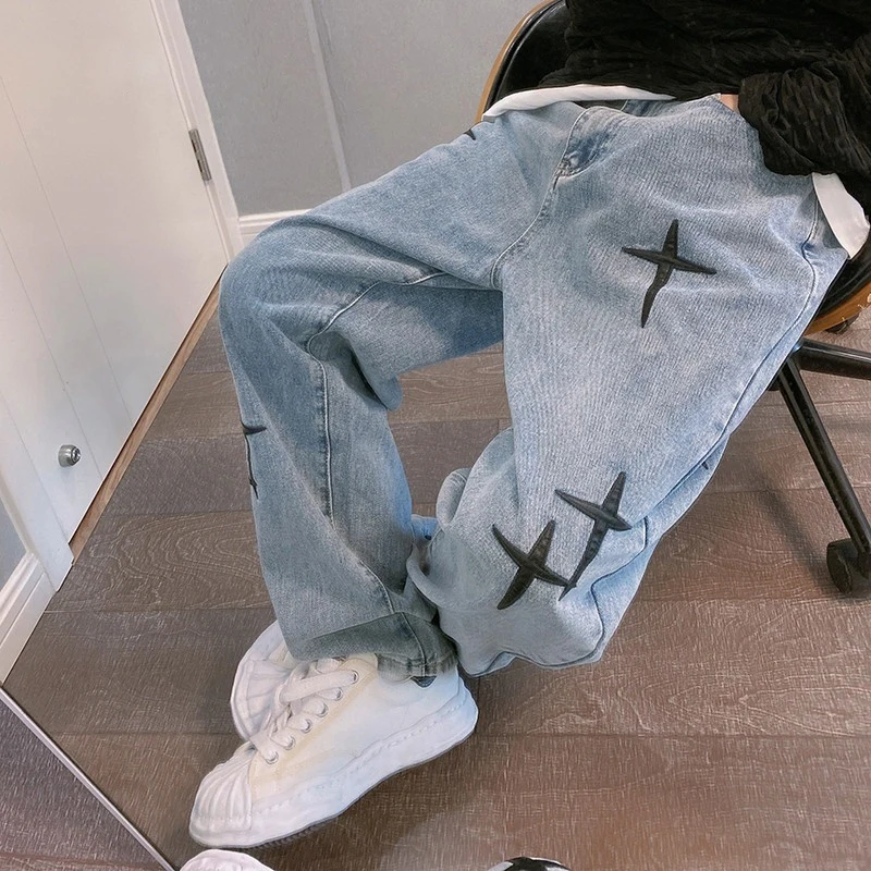 

Prints Jeans Men 2023 New Streetwear Baggy Wide Leg Jeans Korean Fashion Drapes Straight Casual Loose Denim Cargo Pants