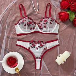 White and Red Embroidered Floral Sheer Lingerie Set - L (270 - BAIHONG)