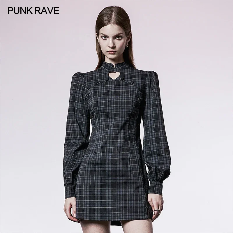 

PUNK RAVE Women's Punk Small Stand Collar Improved New Plaid Cheongsam Heart Shape Hollow Petite Lovely Daily Elegant Dress
