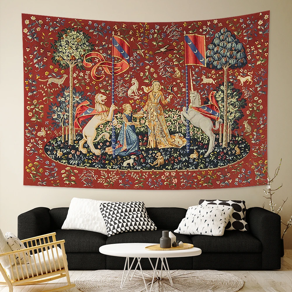 Tapestry decorations Medieval Lady And The Unicorn Tapestry Wall Hanging Multifunction Home Decor Background Decor Bedspread Blanket Mat Covering