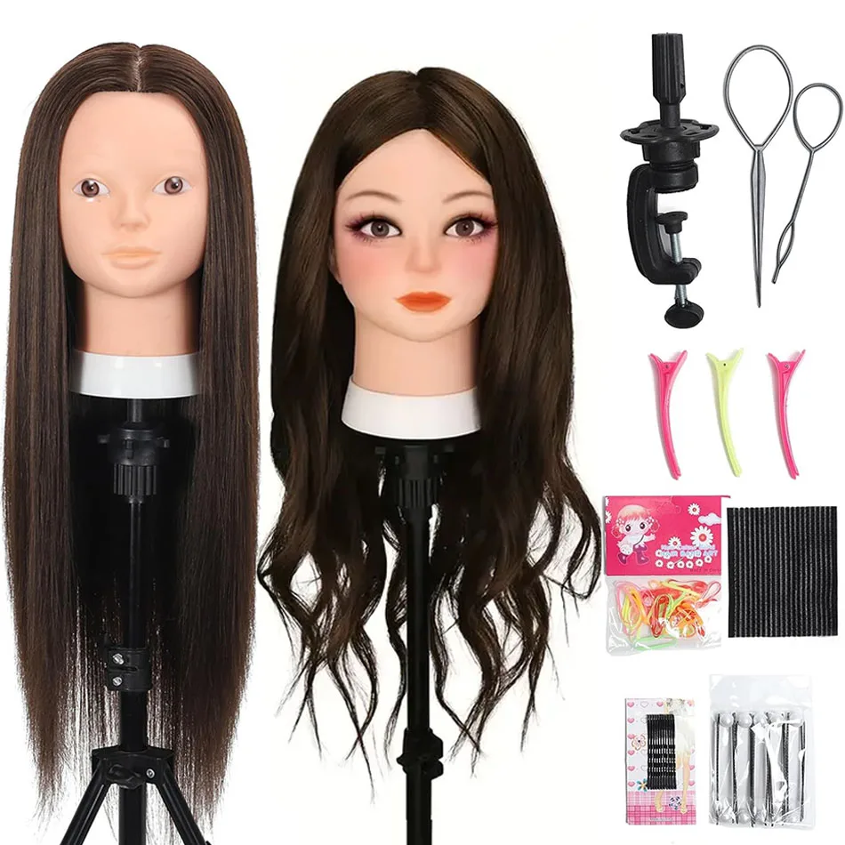 Unisex-Adult Mannequin Head with Long Straight 80% Real Human Hair No Makeup Cosmetology Manikin Head With DIY Hair Styling Tool
