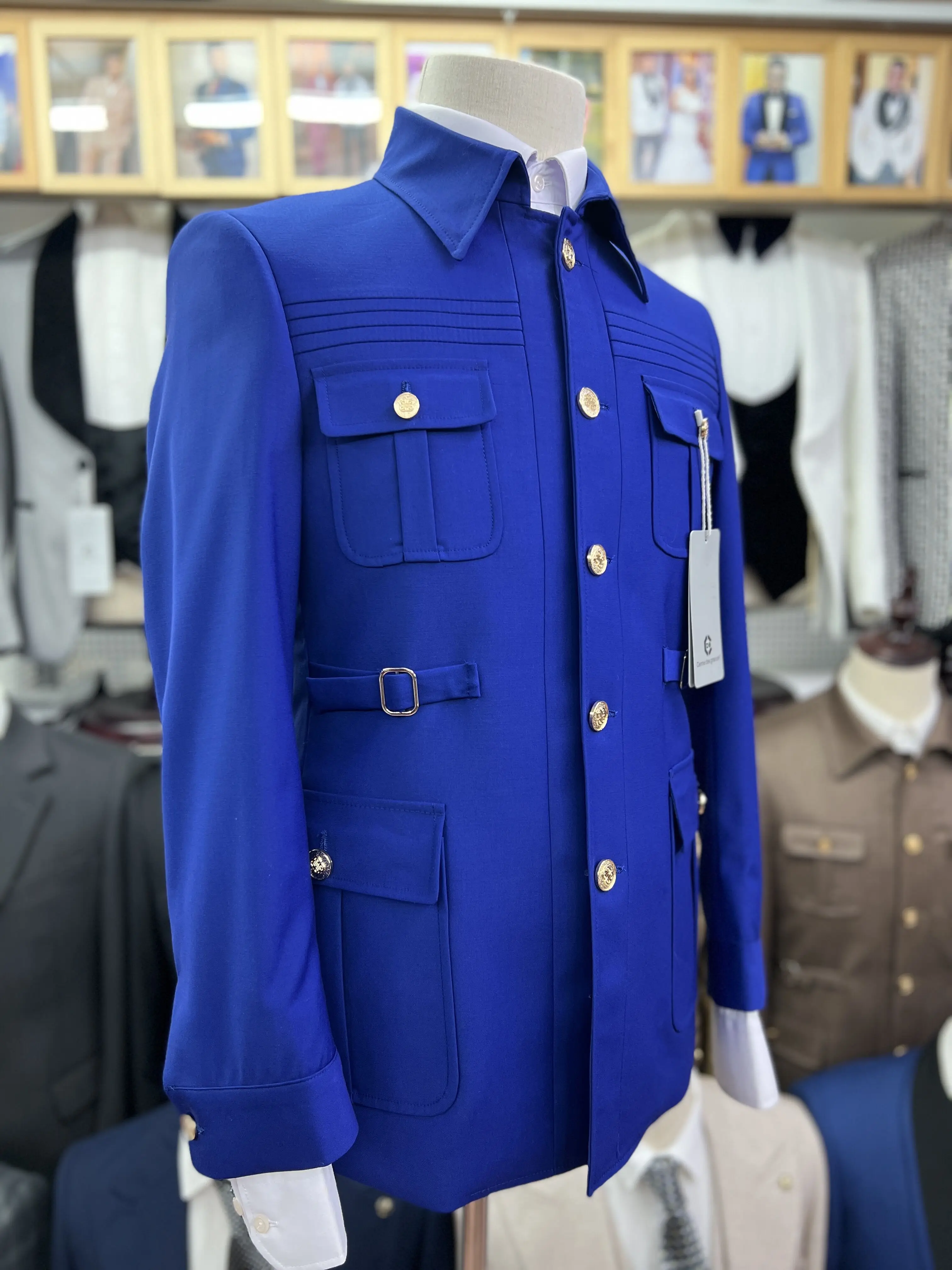 Mens Suit Cenne Des Graoom Safari Men Suits Gold Button Square Collar Tailor-Made Formal Casual Business Official Wear Costume Homme Blue