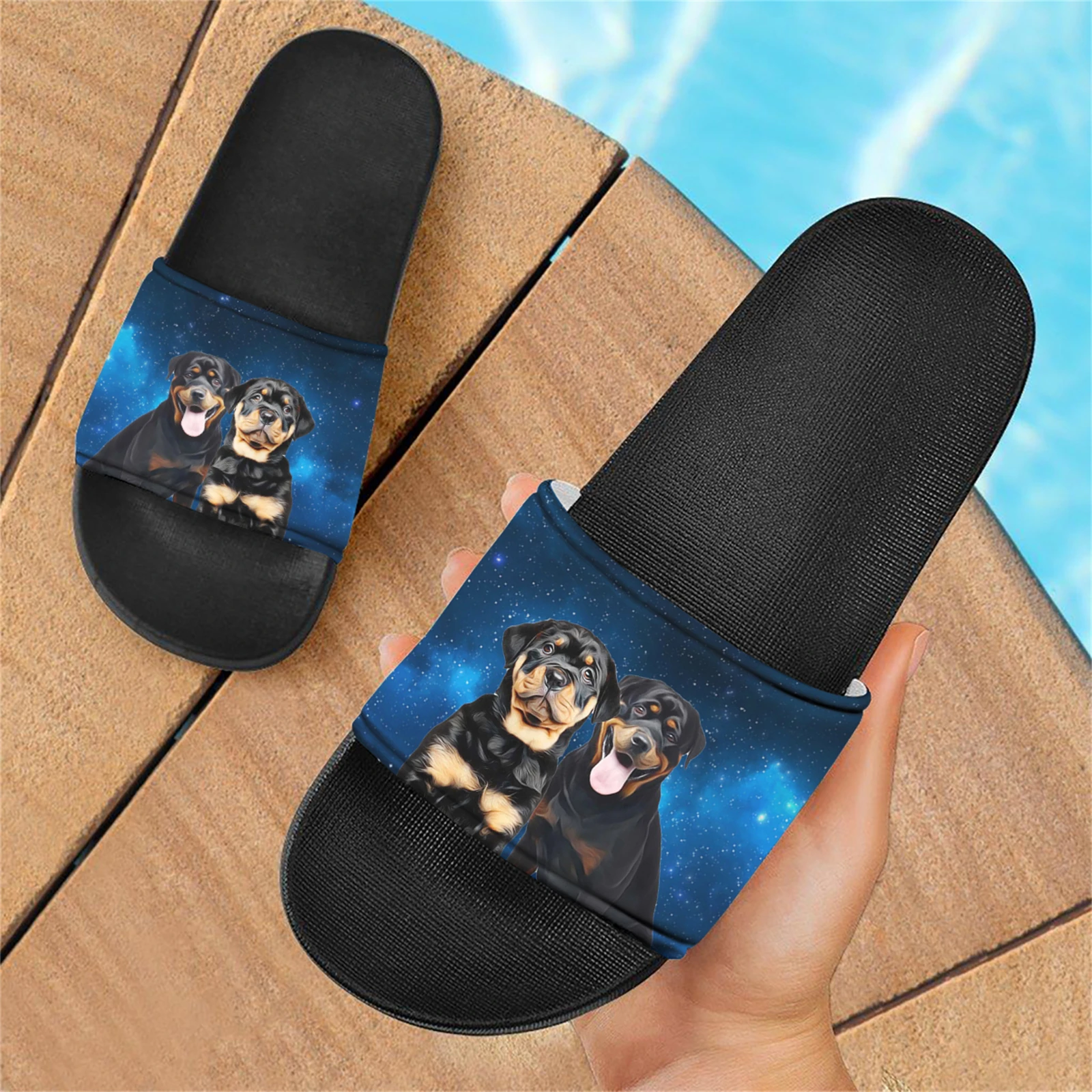 Fashion Rottweiler Printed Slippers Women Summer Breathable Comfortable Slides Home Non-slip Outdoor Beach Couple Sandals Female