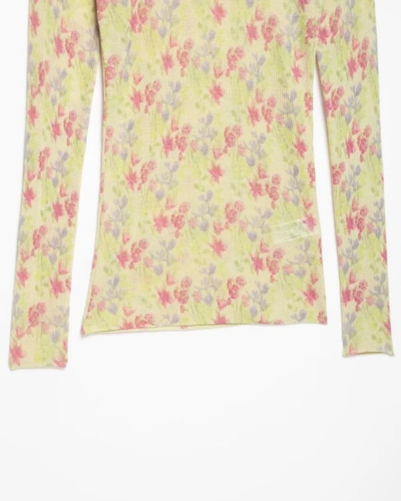 Women's Spring Y2K Retro Crew Neck Sheer Mesh Knit Floral Print Slim Long Sleeve Top, Streetwear, Ideal for Jeans and Daily