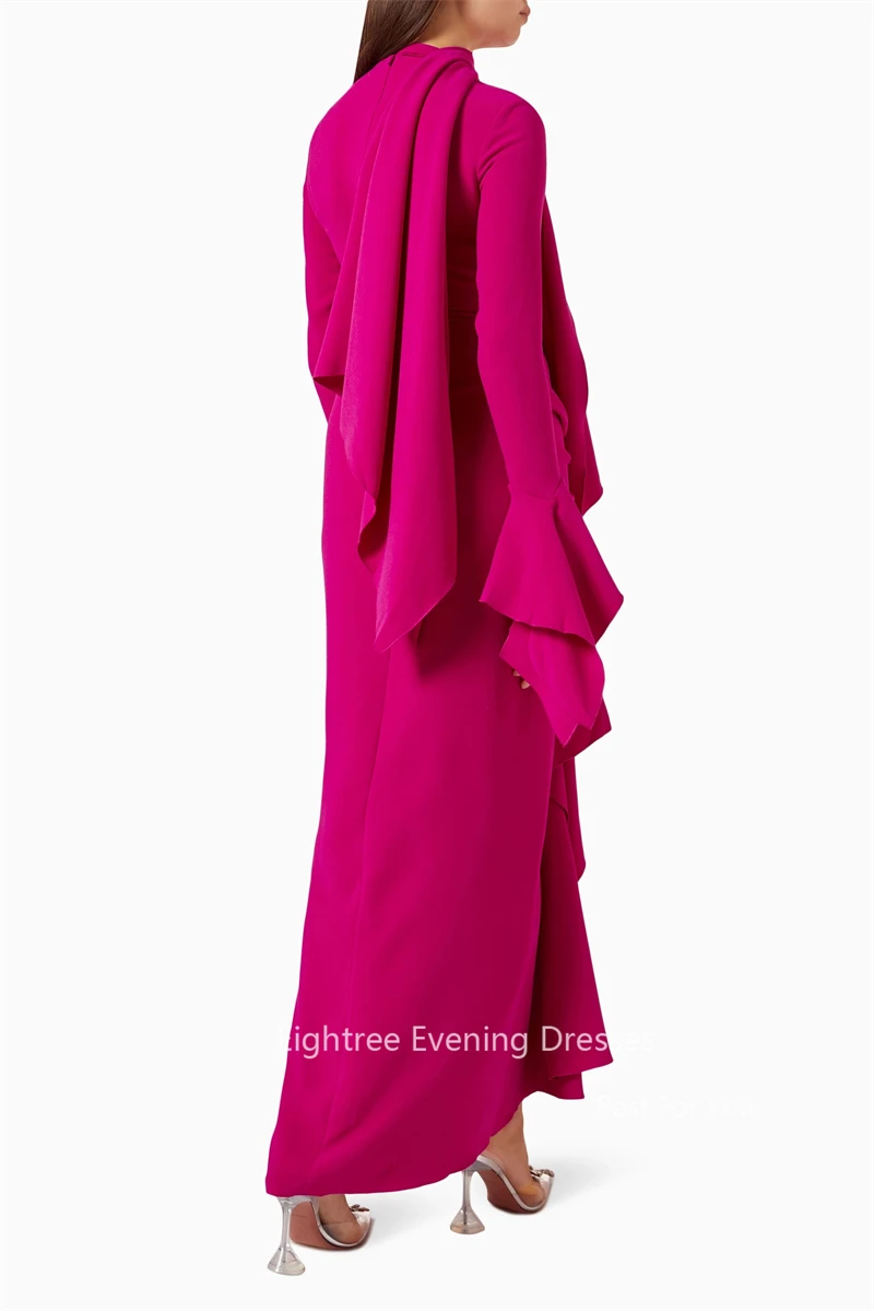 Eightree Chic Fuschia Evening Dresses Long Sleeves High Neck Arabic Outfits Prom Gowns Stratch Satin Beach Casual Party Dress